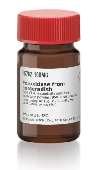 图片 辣根过氧化物酶，Peroxidase from horseradish [POD, HRP]；Type VI-A, essentially salt-free, lyophilized powder, 950-2000 units/mg solid (using ABTS), ≥250 units/mg solid (using pyrogallol)